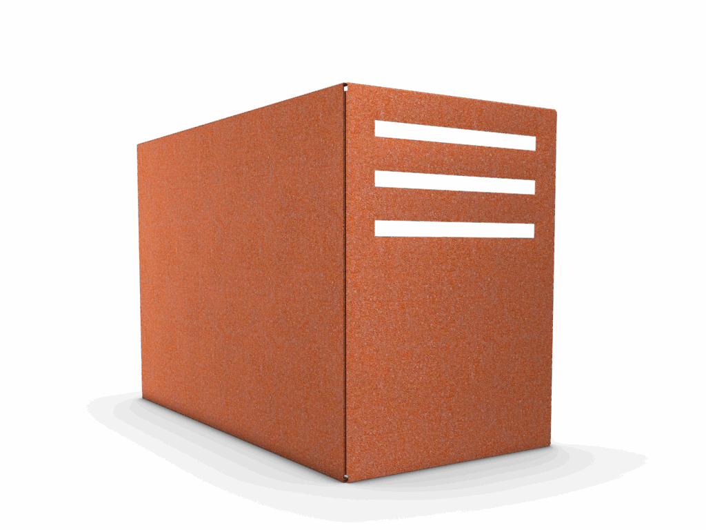 Sopkärlsskydd Large, Medium, Small i corten, mod Strimma